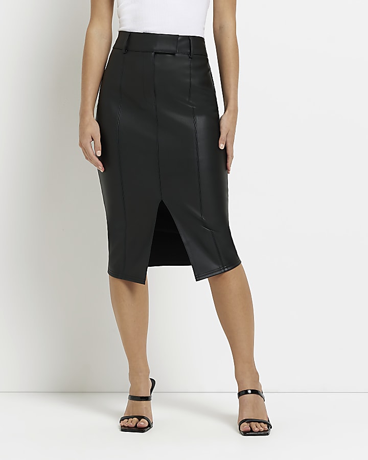 Petite black faux leather pencil midi skirt