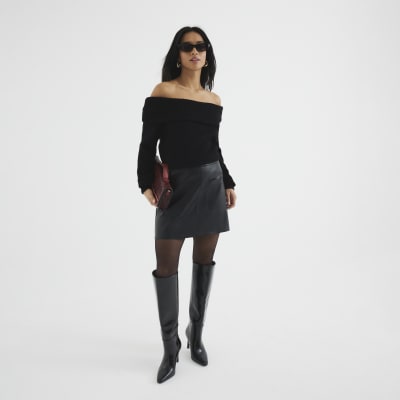 Petite Black faux leather pocket mini skirt