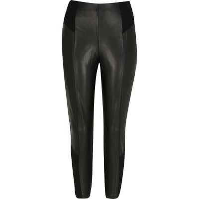 Petite black faux leather ponte leggings
