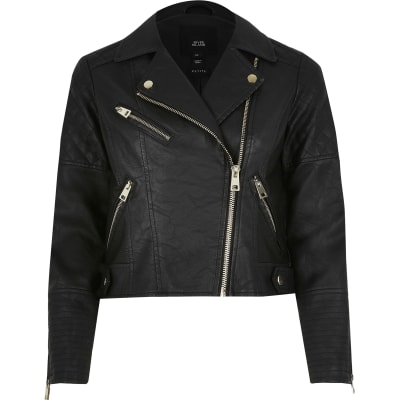 Petite black faux leather quilted jacket