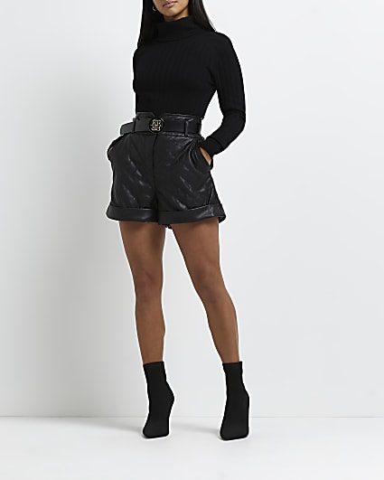 Petite black faux leather quilted shorts