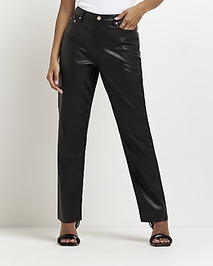 Petite black faux leather straight trousers