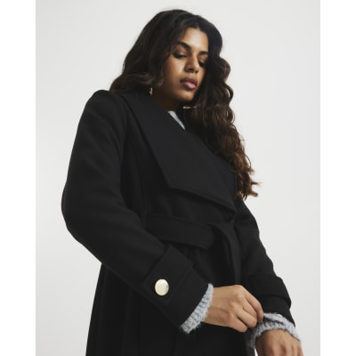 Wool River Island Petite Coats Petite Black Faux Wool Belted Wrap