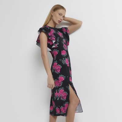 black floral bodycon midi dress
