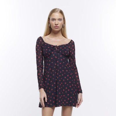 Petite black floral long sleeve mini dress