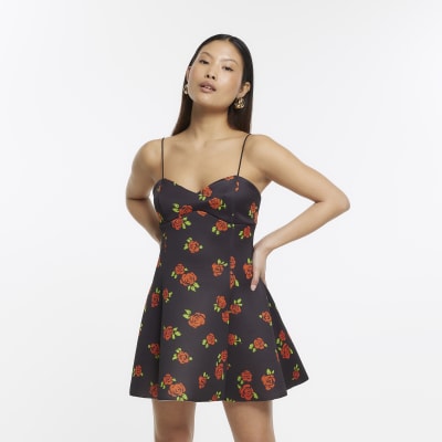 Petite black floral skater mini dress