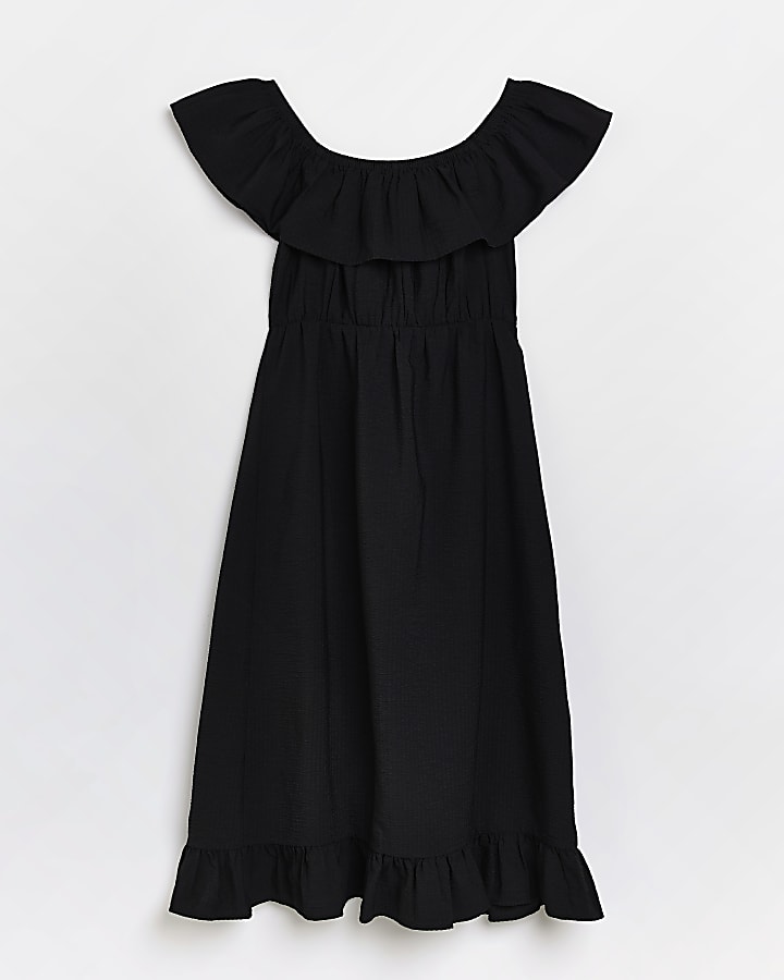 Petite black frill bardot midi dress