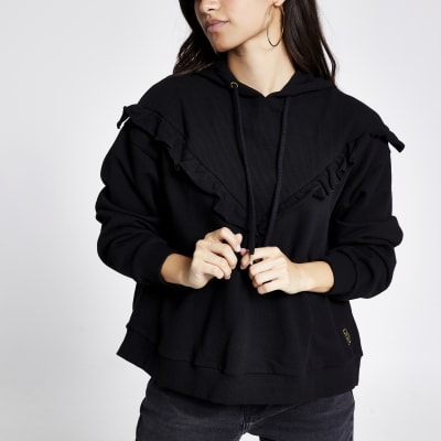 Petite black frill chevron ribbed crop hoodie
