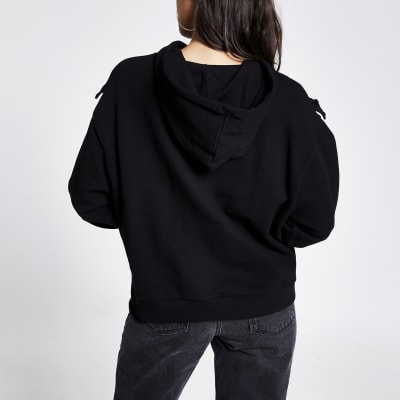 Petite black frill chevron ribbed crop hoodie