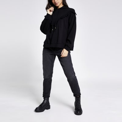 Petite black frill chevron ribbed crop hoodie