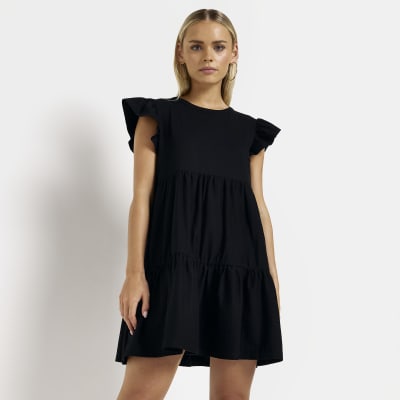 Petite black frill smock mini dress