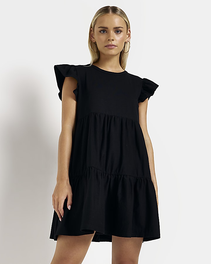Petite black frill smock mini dress