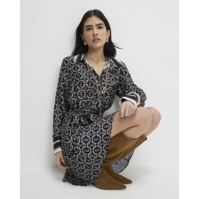 Petite Black Geometric Long Sleeve Mini Dress