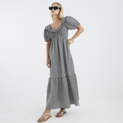 Petite Black Gingham V Neck Frill Midi Dress