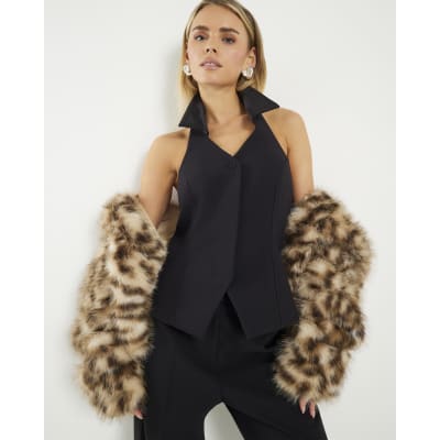 Petite Black Halter Neck Tuxedo Top