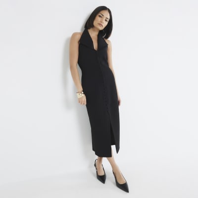 Petite Black Halter Neck Waistcoat Midi Dress