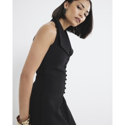 Petite Black Halter Neck Waistcoat Midi Dress | River Island