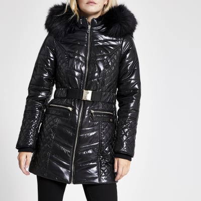 river island black high shine padded faux fur trim jacket