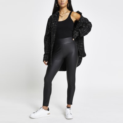 Pieces high waisted coated leggings in black