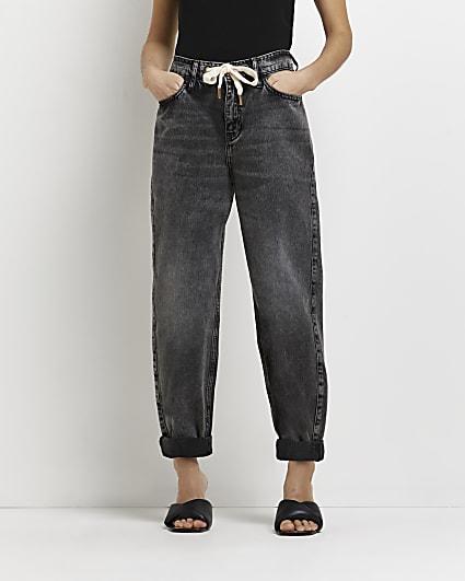 Petite black high waisted tapered jeans