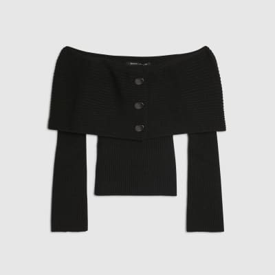 Petite Black Knitted Bardot Jumper