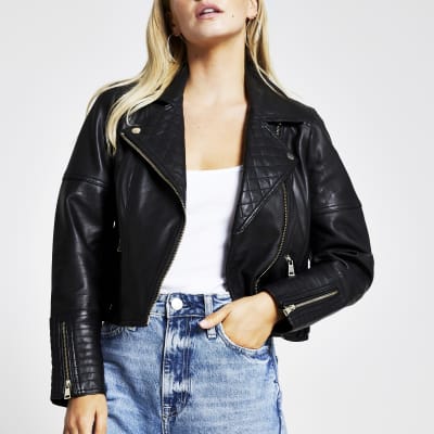 Petite black leather biker jacket | River Island