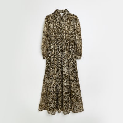 Petite black leopard maxi shirt dress