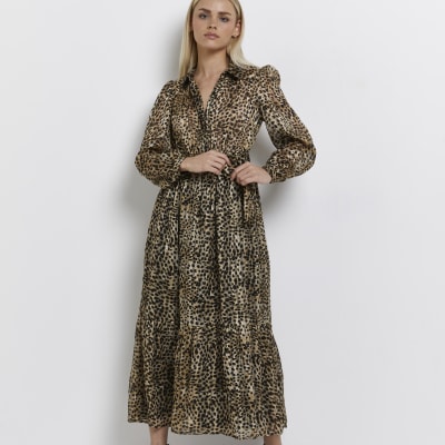 Petite black leopard maxi shirt dress