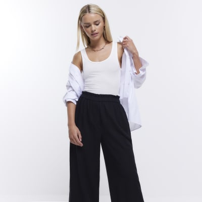 Petite black linen blend wide leg trousers