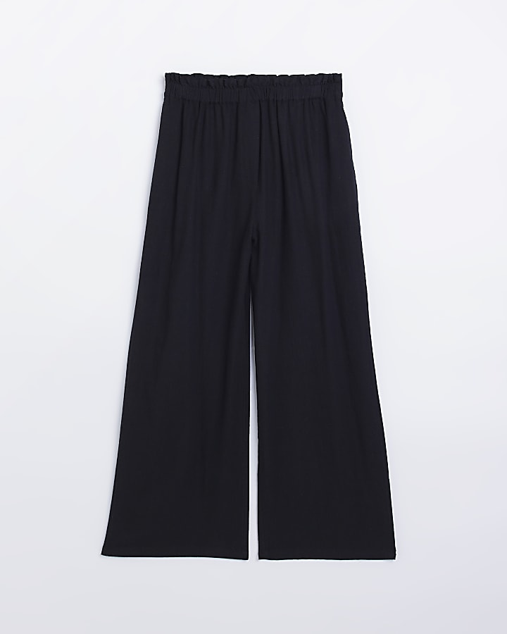Petite black linen blend wide leg trousers