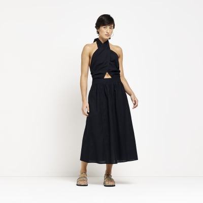 Petite black linen halter neck midi dress