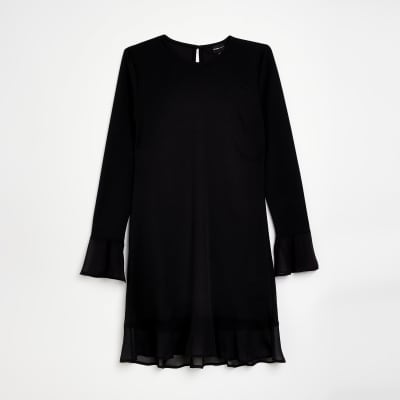 Petite black long sleeve swing mini dress