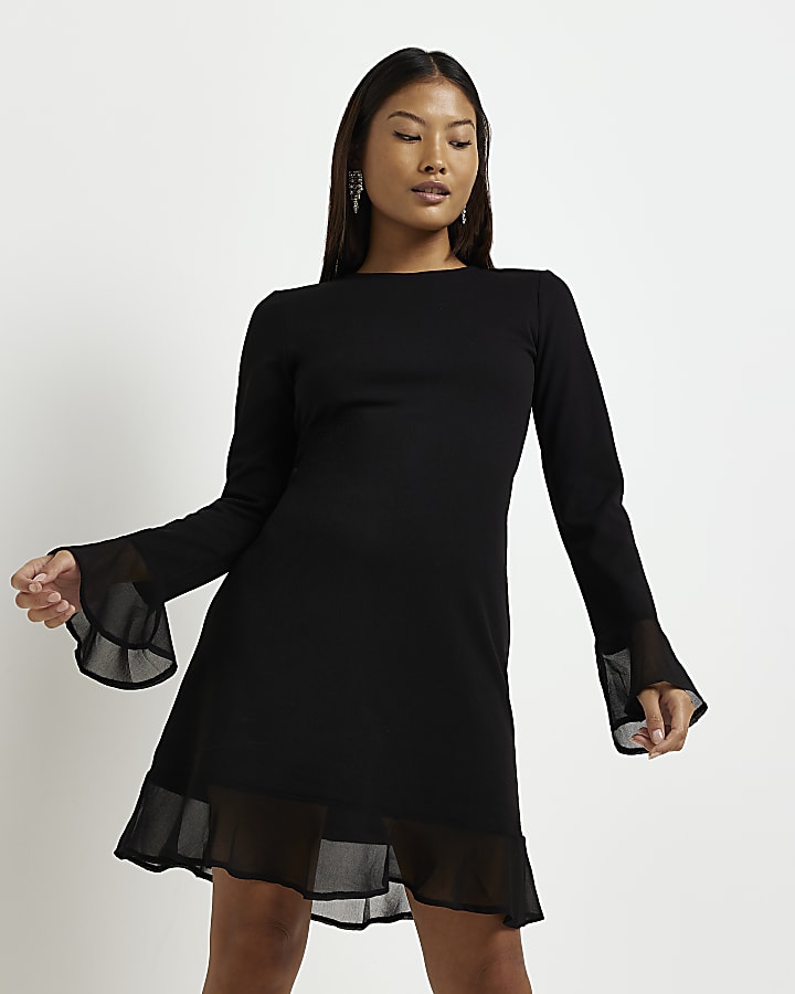 Petite black long sleeve swing mini dress