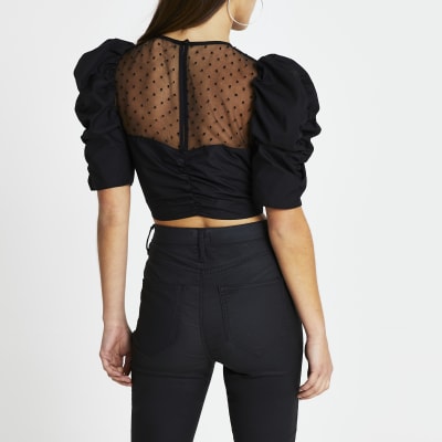 Petite black mesh crop top