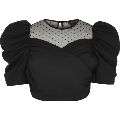 Petite black mesh crop top