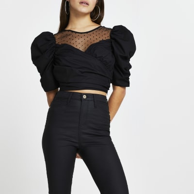 Petite black mesh crop top