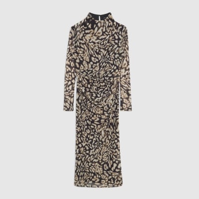 Petite Black Mesh Leopard Print Midi Dress