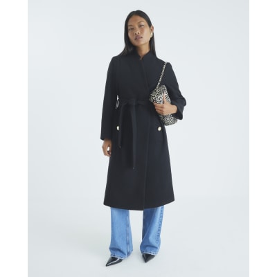 Petite Black Notch Collar Belted Wrap Coat