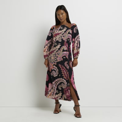 Petite black paisley cut out maxi dress