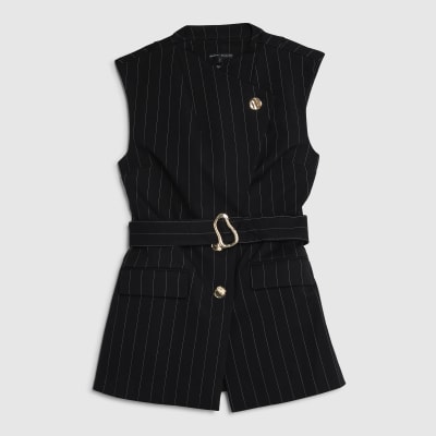 Petite Black Pinstripe Belted Waistcoat