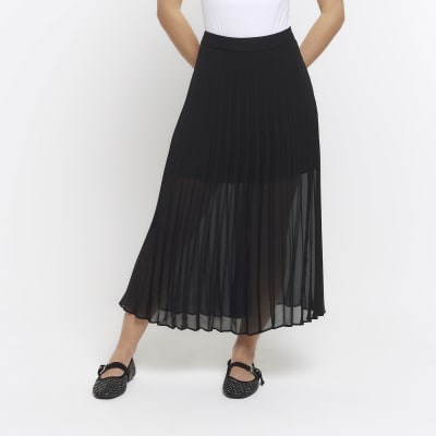 Petite Black Pleated Sheer Midi Skirt River Island