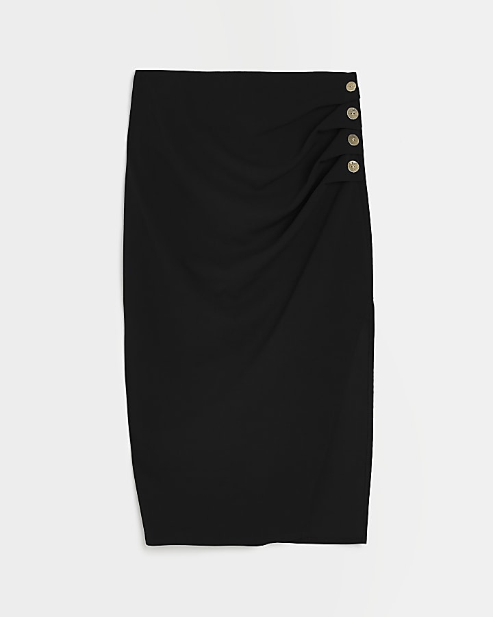 Petite black pleated split hem midi skirt