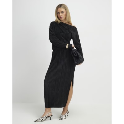 Petite Black Plisse Asymmetric Midi Dress