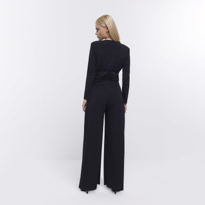 Petite black plunge long sleeve jumpsuit