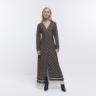 Petite black print wrap midi dress