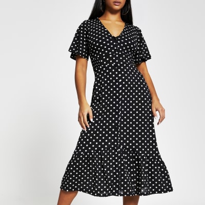 Petite black printed button midi dress | River Island