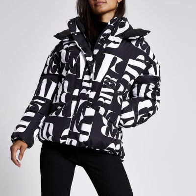 Petite black RI printed puffer coat River Island