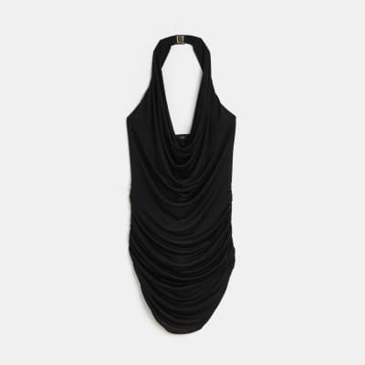 Petite black ruched bodycon mini dress