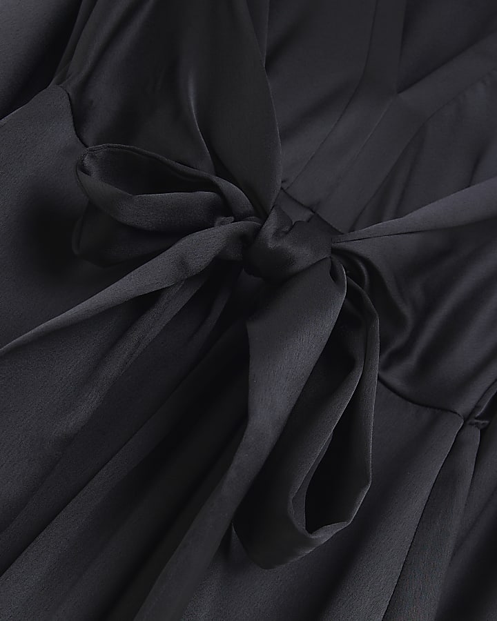 Petite black satin long sleeve mini dress