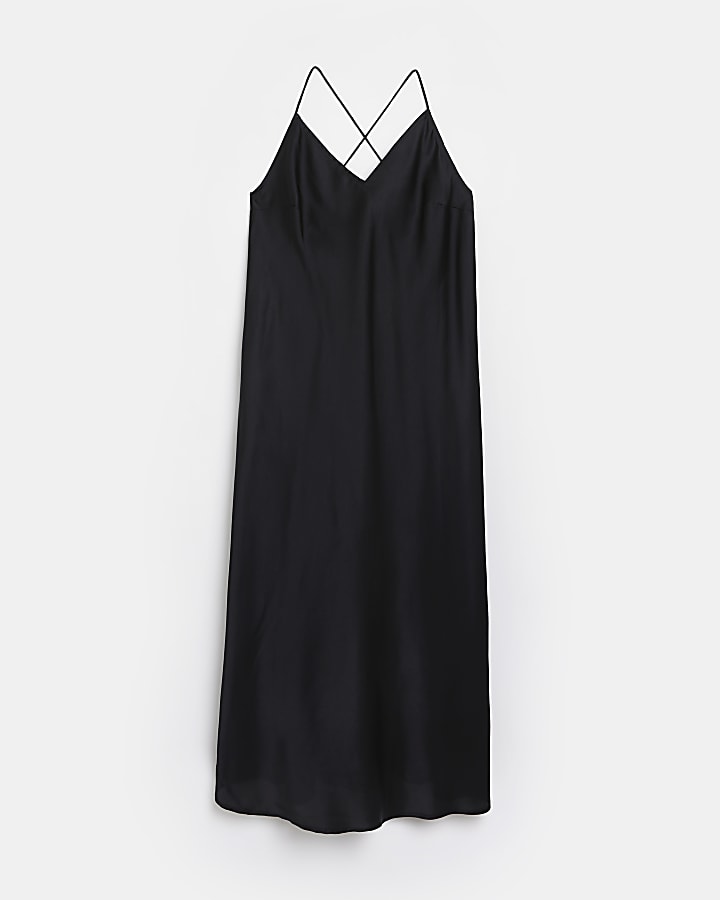 Petite black satin slip maxi dress